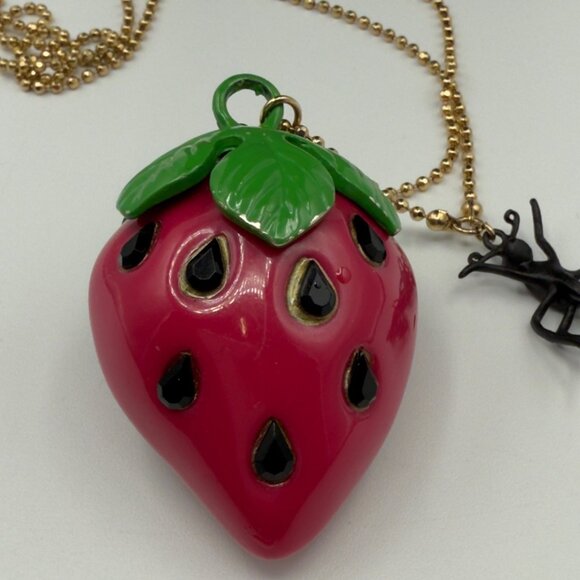 Betsey Johnson Picnic Strawberry Ant Pendant Necklace Pink Crystal Ball Chain - Picture 8 of 15